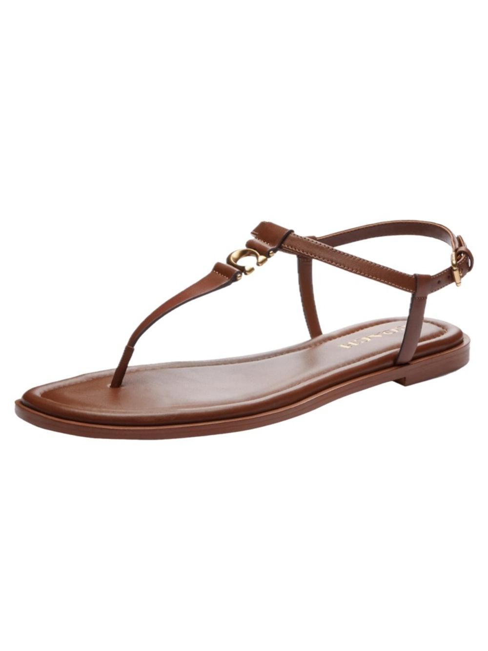 Coach Jessica Sandal Brown Leather T-Strap Sandal with Gold Accent Size 5